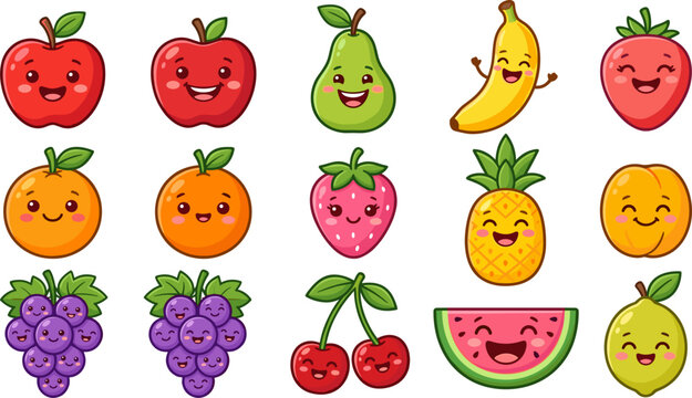 Cute smiling fruit characters collection with apple pear banana strawberry pineapple grapes cherry watermelon and lemon vector illustration