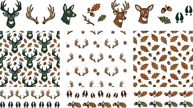 Deer and stag woodland pattern elements with antlers oak leaves acorns and hoof prints vector illustration
