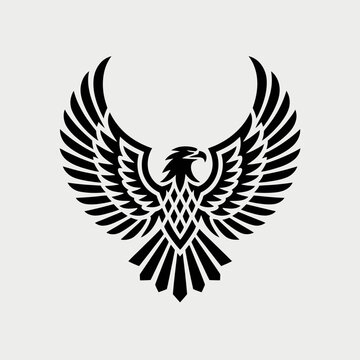 Black eagle logo with wings spread.