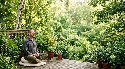 Fototapeta premium Man meditating peacefully on a wooden deck surrounded by lush green garden foliage and trees, finding inner peace and tranquility in nature.