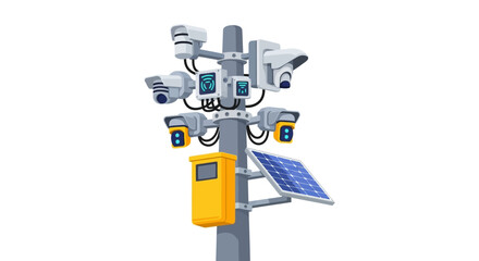 Fototapeta premium Smart City Surveillance System Illustration with Multiple Security Cameras, Solar Panel, Wi-Fi Routers, and Control Box on Isolated White Background