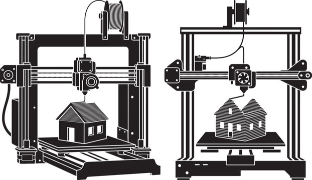 3D printer printing house silhouette vector with additive manufacturing technology silhouette prototype construction