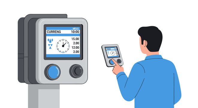 Man Using Smart Home Control Panel and Remote Device for Energy Monitoring and Utility Management, Flat Vector Illustration