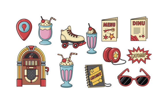 Retro 1950s diner icons: jukebox, milkshakes, roller skates, and sunglasses