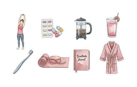 Self-care routine elements including exercise, medication, and relaxation items