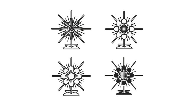 Set of four minimalist monstrance icons in black and white line art style, featuring various sunburst rays and floral patterns for Catholic liturgical and religious graphic design.