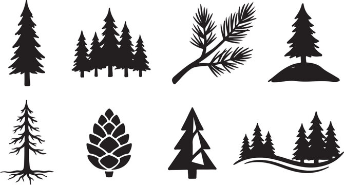 Pine tree silhouettes and cone isolated on white background in a clean graphic design 