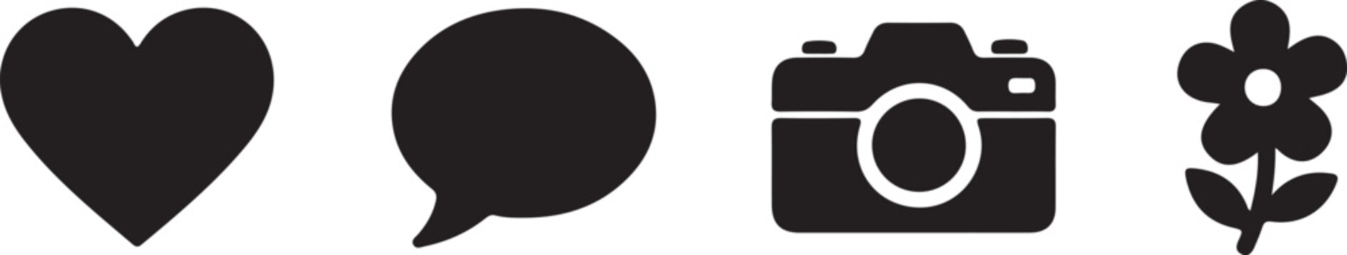 Four minimalist icon set featuring heart speech camera and flower design