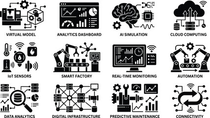 Obraz premium Technology and Industry Icons Set: AI, Cloud, Automation, Data