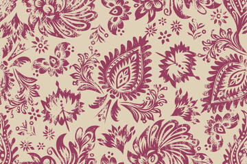 Seamless Vintage Paisley Pattern with Distressed Grunge Texture, Elegant maroon floral damask background for bohemian textiles, wrapping paper, and rustic wallpaper design. © supachai