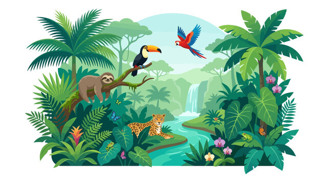 A vibrant flat illustration depicts a lush tropical rainforest scene with a sloth, toucan, macaw, and jaguar near a waterfall and winding river, conveying a peaceful jungle atmosphere