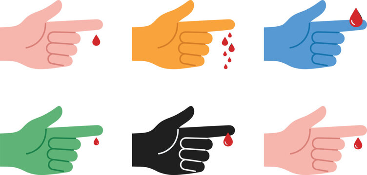 Colorful finger prick blood drop icon collection representing diabetes testing, medical diagnostics, healthcare monitoring, and laboratory screening