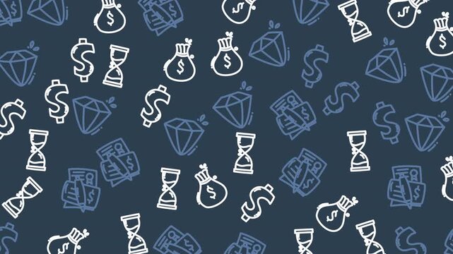 Blue-toned financial icons repeat on dark background. Diamonds, money, and timepieces suggest wealth and success. Simple lines give the image a modern, playful style. Ideal for business, finance