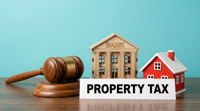 Property tax concept with wooden judge gavel, bank building model and red house. Real estate law and mortgage auction, financial debt and foreclosure