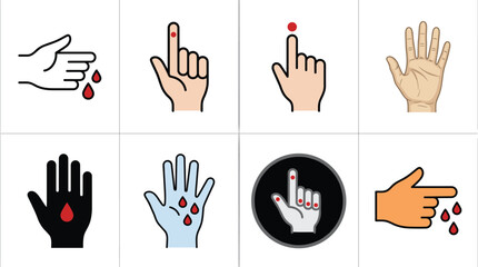 Fototapeta premium Finger prick blood testing icon collection for diabetes monitoring, healthcare diagnostics, medical screening, and laboratory procedures