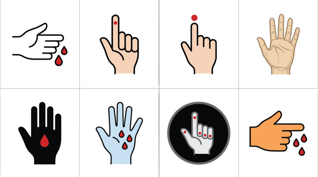 Finger prick blood testing icon collection for diabetes monitoring, healthcare diagnostics, medical screening, and laboratory procedures