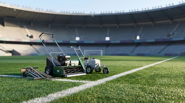 Lawn mower and line marking machine on empty soccer stadium grass field