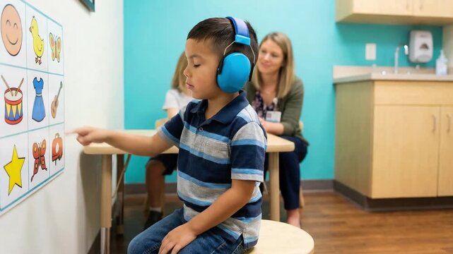 Young boy wearing headphones points to a picture on a chart during a hearing test as a female audiologist observes in a clinical setting, evaluating his auditory perception and response