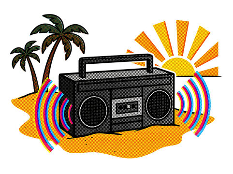 Vintage boombox on beach with palm trees and sun, retro music player with sound waves, summer party vibe, old school.