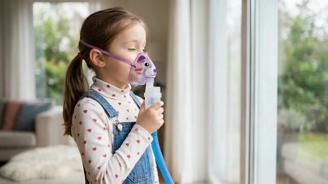Young child with respiratory illness breathing medicine vapor from a nebulizer through a mask while standing by a window at home, a medical procedure for treating asthma or bronchitis
