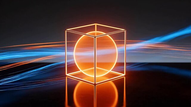 Neon cube with glowing sphere
