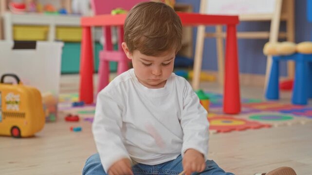 Boy playing with wooden mallets and toys, face intent and hands moving in a daycare building; concentration play.