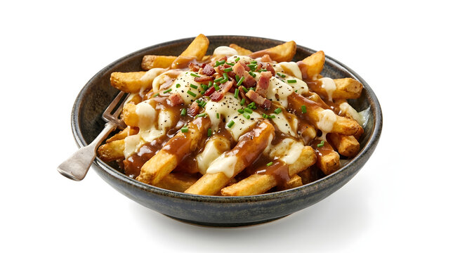 Delicious poutine dish with cheese curds bacon bits and gravy in bowl transparent background