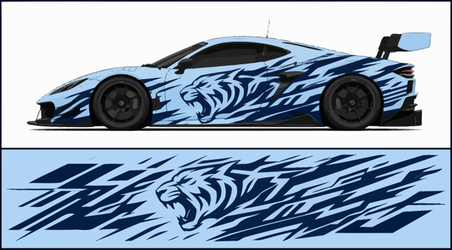 Blue sports car with zebra print.