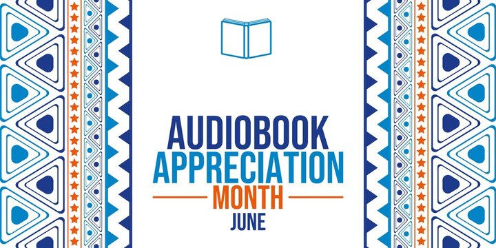 Audiobook Appreciation Month June promotional illustration with a book icon and vibrant geometric border design