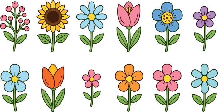Cute Hand Drawn Flower Icon Collection with Sunflower, Tulips, Blossoms, and Botanical Elements for Spring Garden and Nature Design Projects
