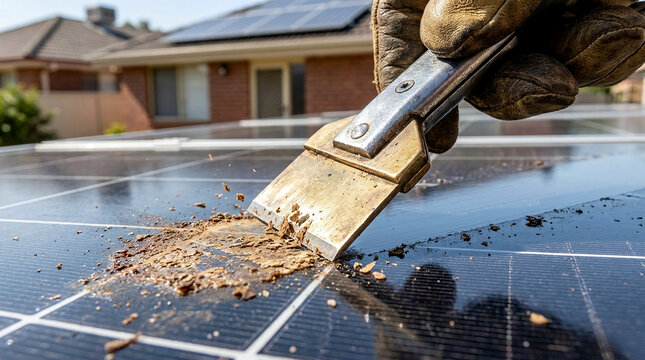 A diligent technician cleaning solar panel on sunny residential rooftop meticulously removing stubborn dirt with scraper tool for optimal energy efficiency