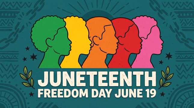 Juneteenth Freedom Day banner with colorful silhouettes of Black people, June 19 celebration poster, African American heritage and emancipation day art