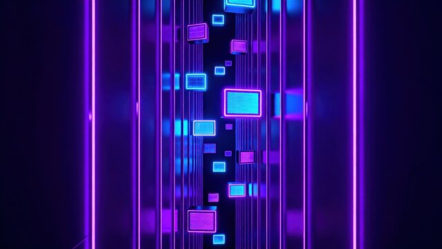 Neon light tunnel with glowing squares