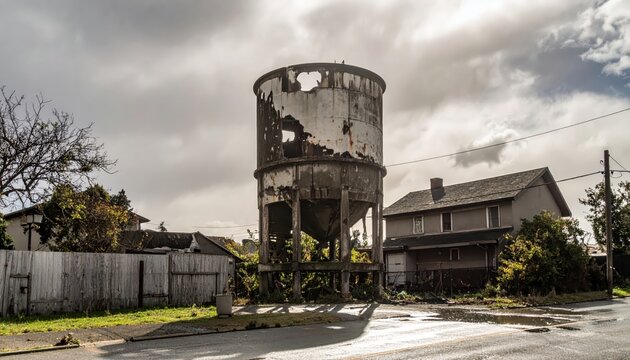 Dilapidated concrete water tower with gaping holes and visible decay stands against a cloudy sky near residential buildings
