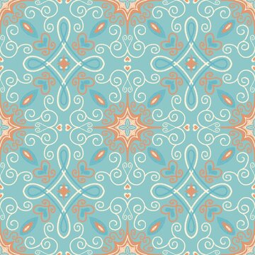 Turquoise orange chalky doodle geometric classic tile pattern  background illustration
