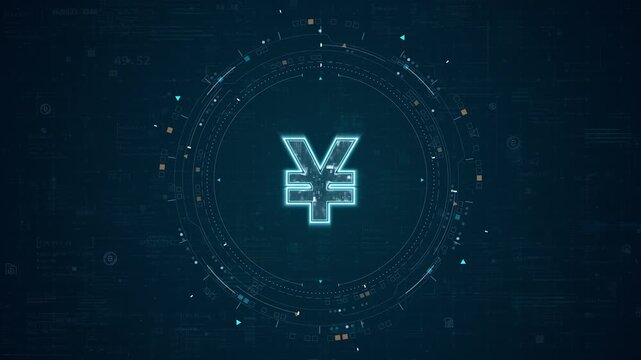 Motion graphic of yen currency symbol with fintech HUD interface, glowing digital currency, rotating data rings, and futuristic background for finance promotion.
