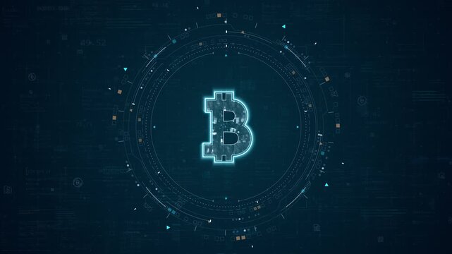Motion graphic of cryptocurrency symbol with fintech HUD interface, glowing digital currency, rotating data rings, and futuristic background for finance promotion.