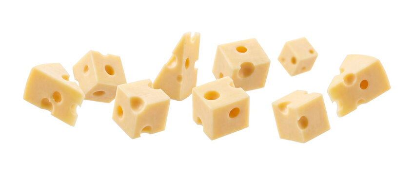 Cubed swiss cheese pieces with holes on transparent background