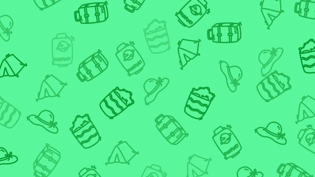 Seamless looping summer vacation pattern with beach hats, sunscreen, travel bags, tents, and tropical drinks on green background. Fun holiday motion graphic animation.