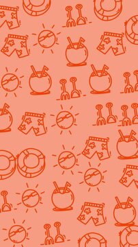 Sunshine, shorts, and beach items dance in a cheerful orange pattern. Simple outlines evoke warmth and playful summer vibes. Each icon sings of leisure, joy, and carefree days at the seaside