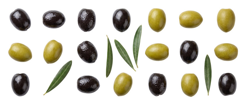 Assortment of green and black olives with leaves on transparent background