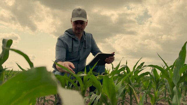 agriculture, farmer working corn field digital tablet, Young corn in soil, Farmer data analysis, Outdoor digital farming, Man using tech on field, Spring farming season, Green plant rows, Digital