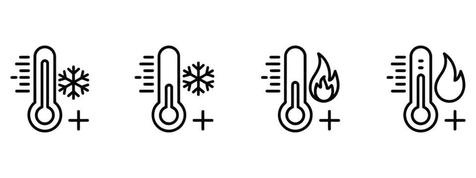 Hot and Cold Temperature Thermometer Icon Set Featuring High Low Heat Symbols Flame Freeze Chill and Frost Thermal Weather Indicators