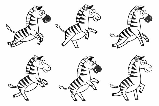 Six cartoon zebras running together in a line