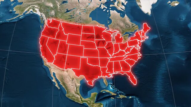 Zoom sur la carte du monde mettant en valeur les &Eacute;tats-Unis en rouge brillant