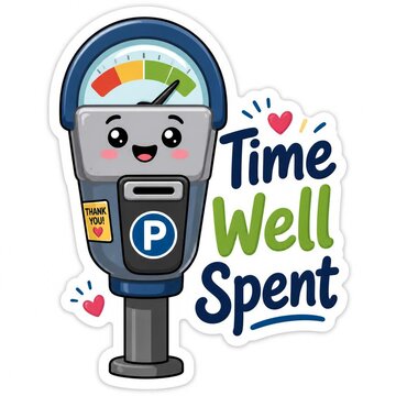 Cute cartoon parking meter illustration with time well spent text