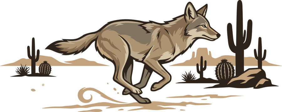 Running coyote in desert landscape with cactus plants and dust trail flat vector illustration for wildlife design