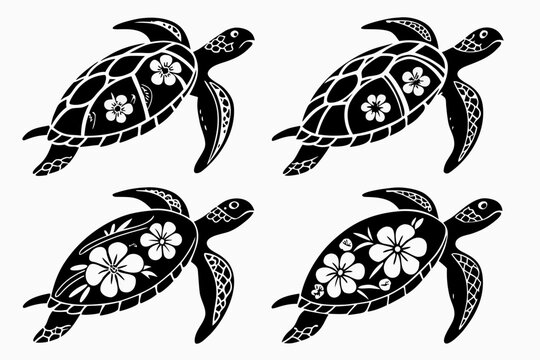 Four sea turtles swimming together in black and white