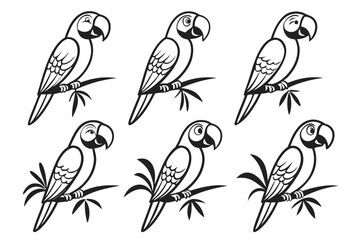 Obraz premium Five cartoon birds perched on branches illustration