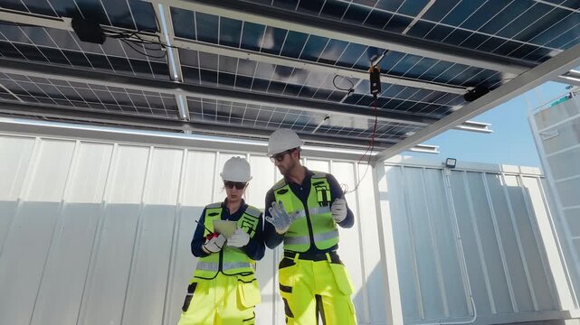 Engineers check solar panels at solar power facility in bright daylight for maintenance work